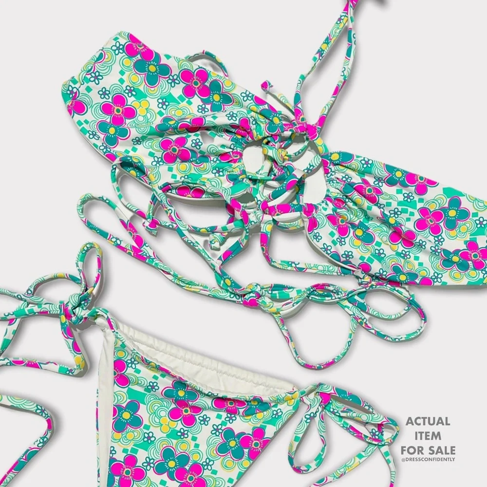 Frankie's Bikinis Mint Floral Strappy Tie-Side Bikini Set